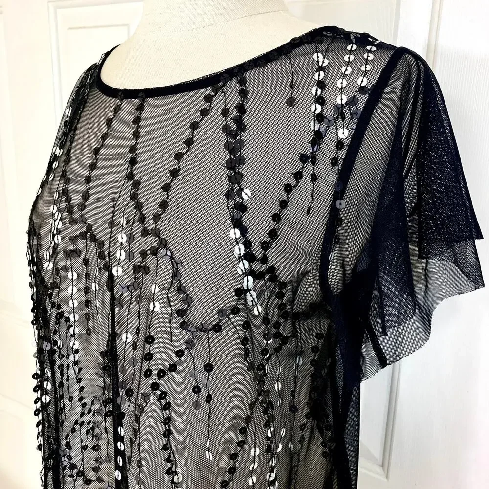 Vince Camuto Black sequin top, New mesh sequin fringe flutter sleeve top - Picture 8 of 8